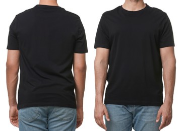 Man in black t-shirt on white background, closeup. Collage of photos