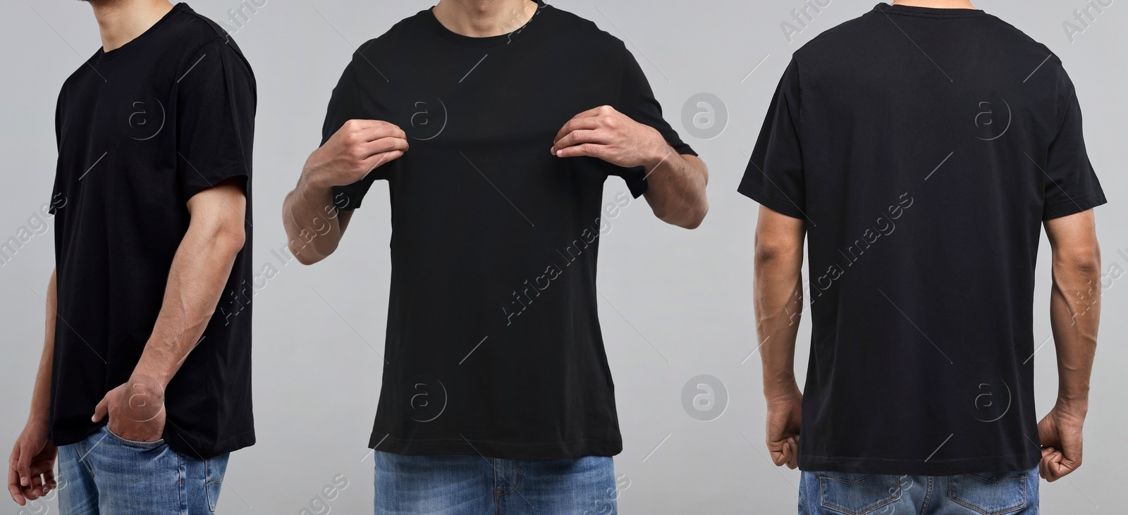 Image of Man in black t-shirt on light grey background, closeup. Collage of photos