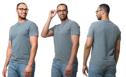 Handsome man in grey t-shirt on white background, collage of photos