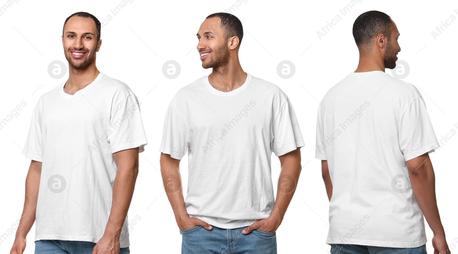 Image of Handsome man in white t-shirt on white background, collage of photos