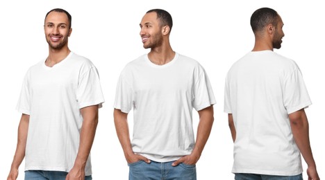 Image of Handsome man in white t-shirt on white background, collage of photos