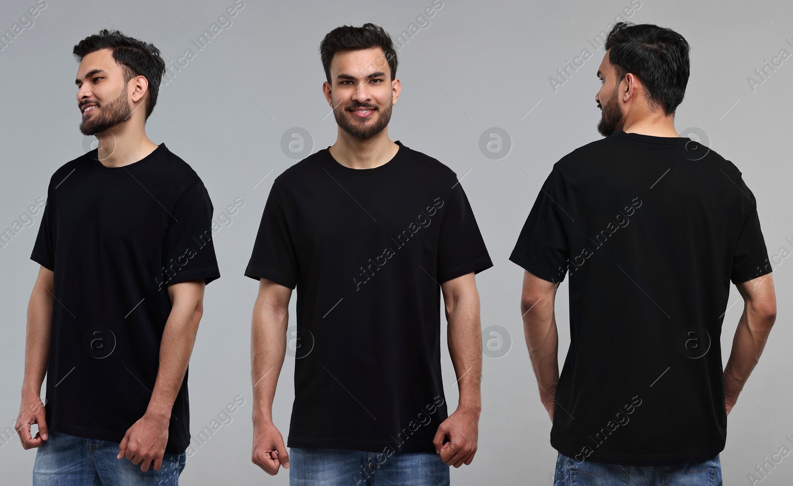 Image of Handsome man in black t-shirt on grey background, collage of photos