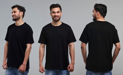 Handsome man in black t-shirt on grey background, collage of photos