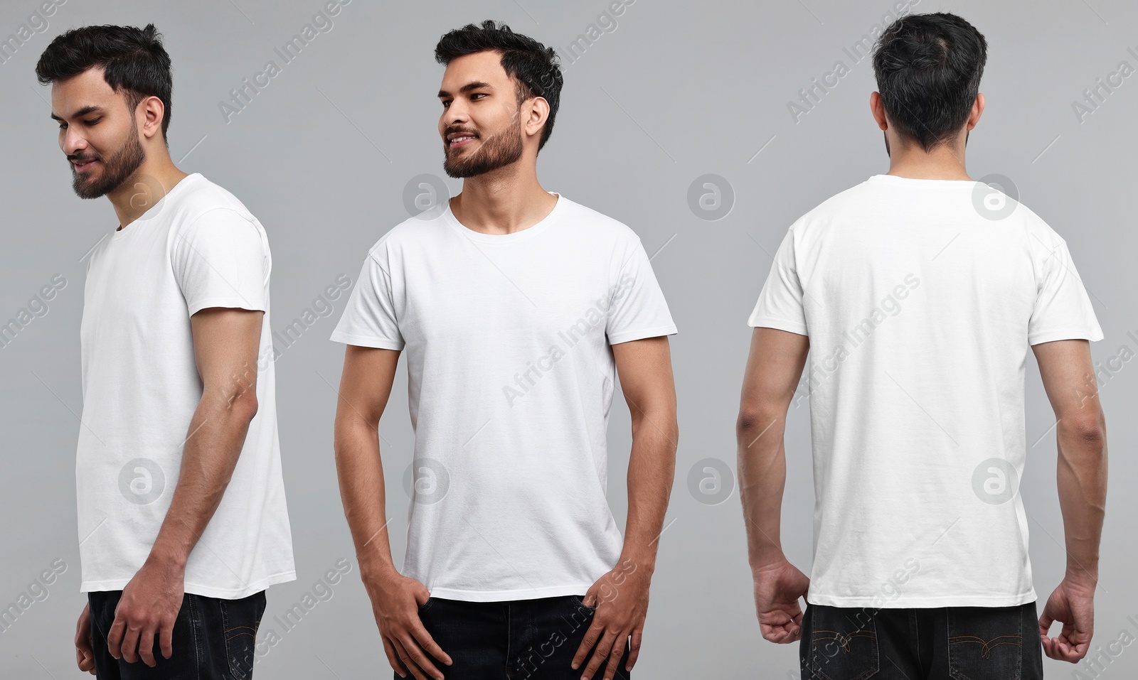 Image of Handsome man in white t-shirt on grey background, collage of photos