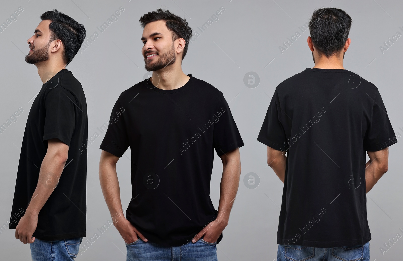 Image of Handsome man in black t-shirt on grey background, collage of photos