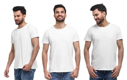 Handsome man in white t-shirt on white background, collage of photos