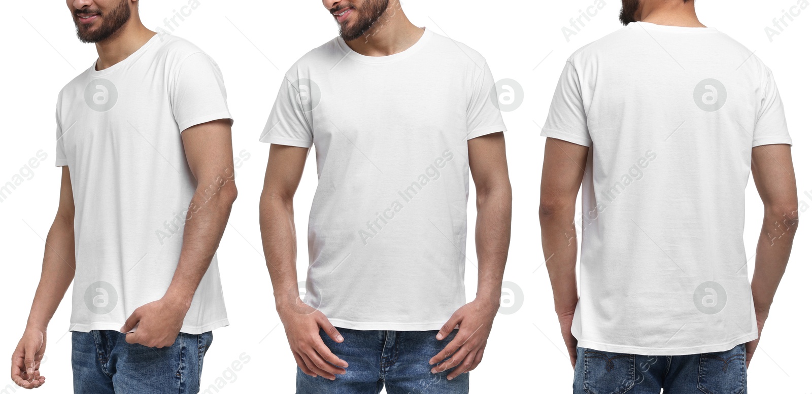 Image of Man in white t-shirt on white background, closeup. Collage of photos