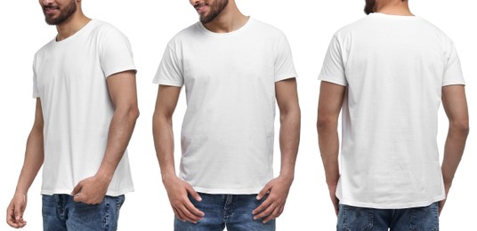 Image of Man in white t-shirt on white background, closeup. Collage of photos