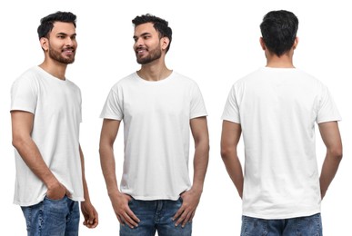 Image of Handsome man in white t-shirt on white background, collage of photos