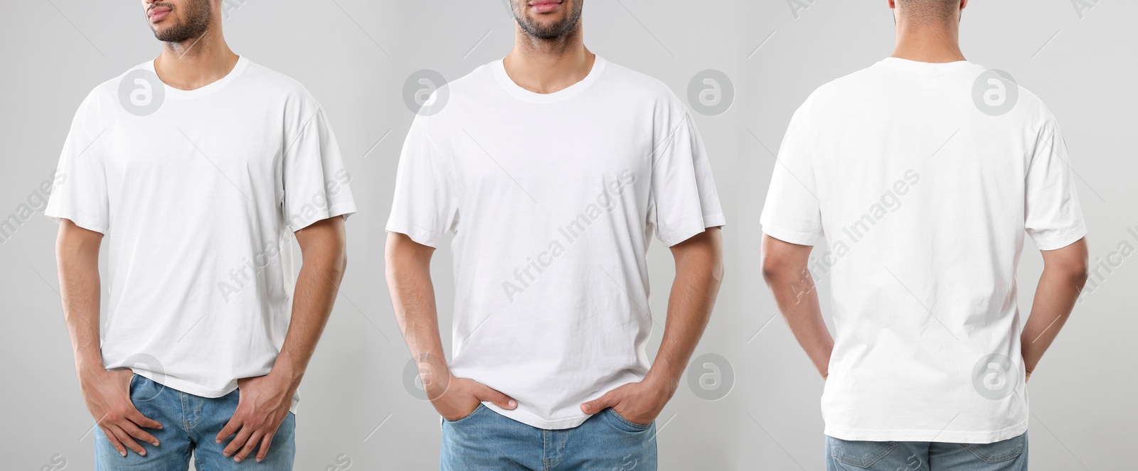 Image of Man in white t-shirt on light grey background, closeup. Collage of photos