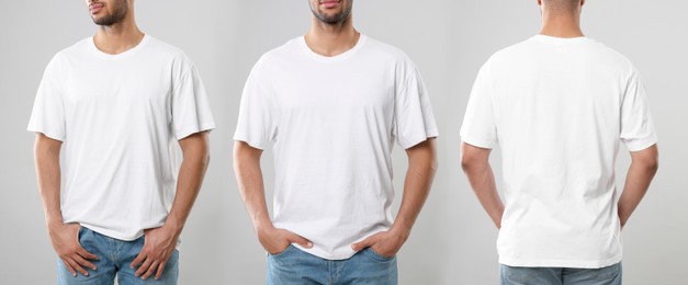 Man in white t-shirt on light grey background, closeup. Collage of photos