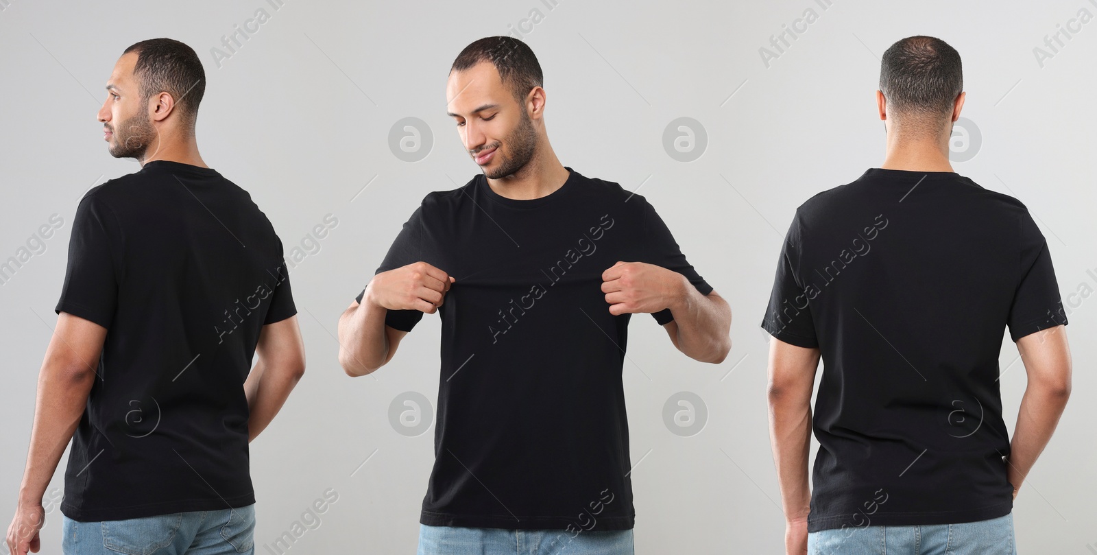 Image of Handsome man in black t-shirt on light grey background, collage of photos