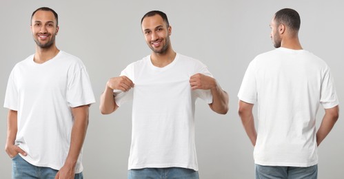 Handsome man in white t-shirt on light grey background, collage of photos