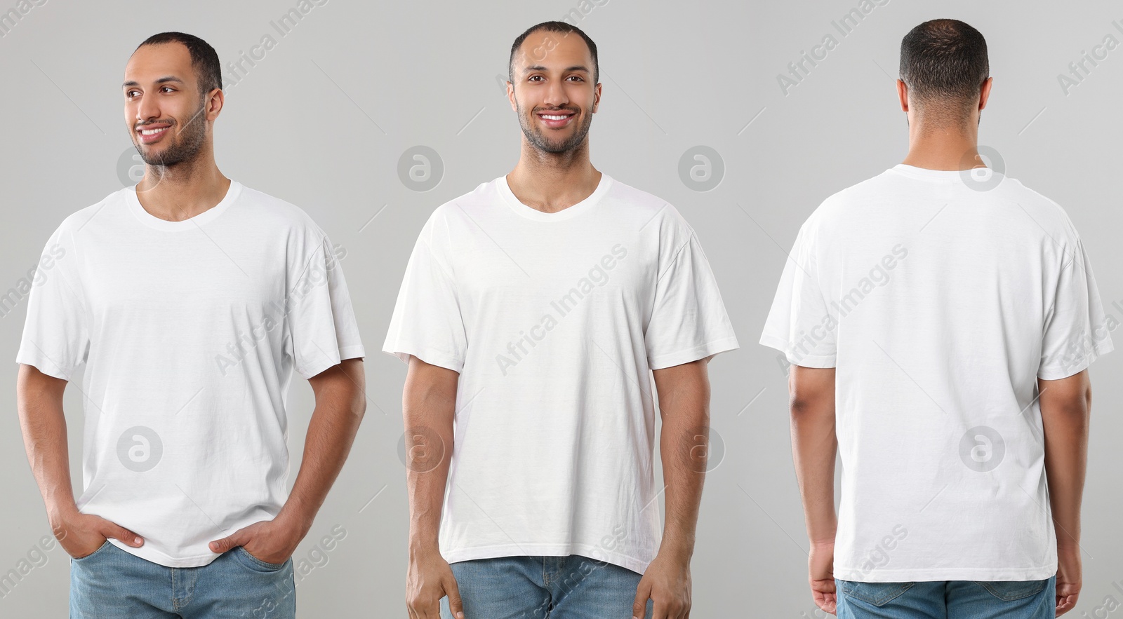 Image of Handsome man in white t-shirt on light grey background, collage of photos