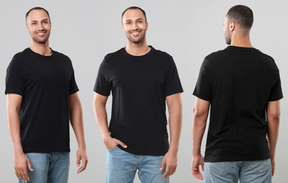 Handsome man in black t-shirt on light grey background, collage of photos