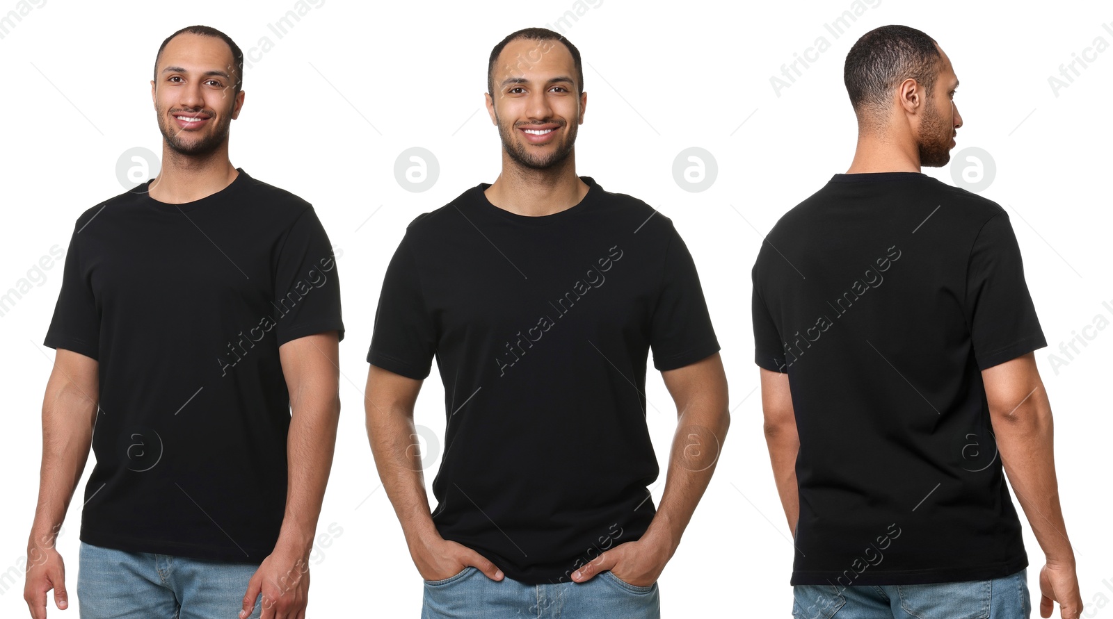 Image of Handsome man in black t-shirt on white background, collage of photos