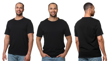 Handsome man in black t-shirt on white background, collage of photos