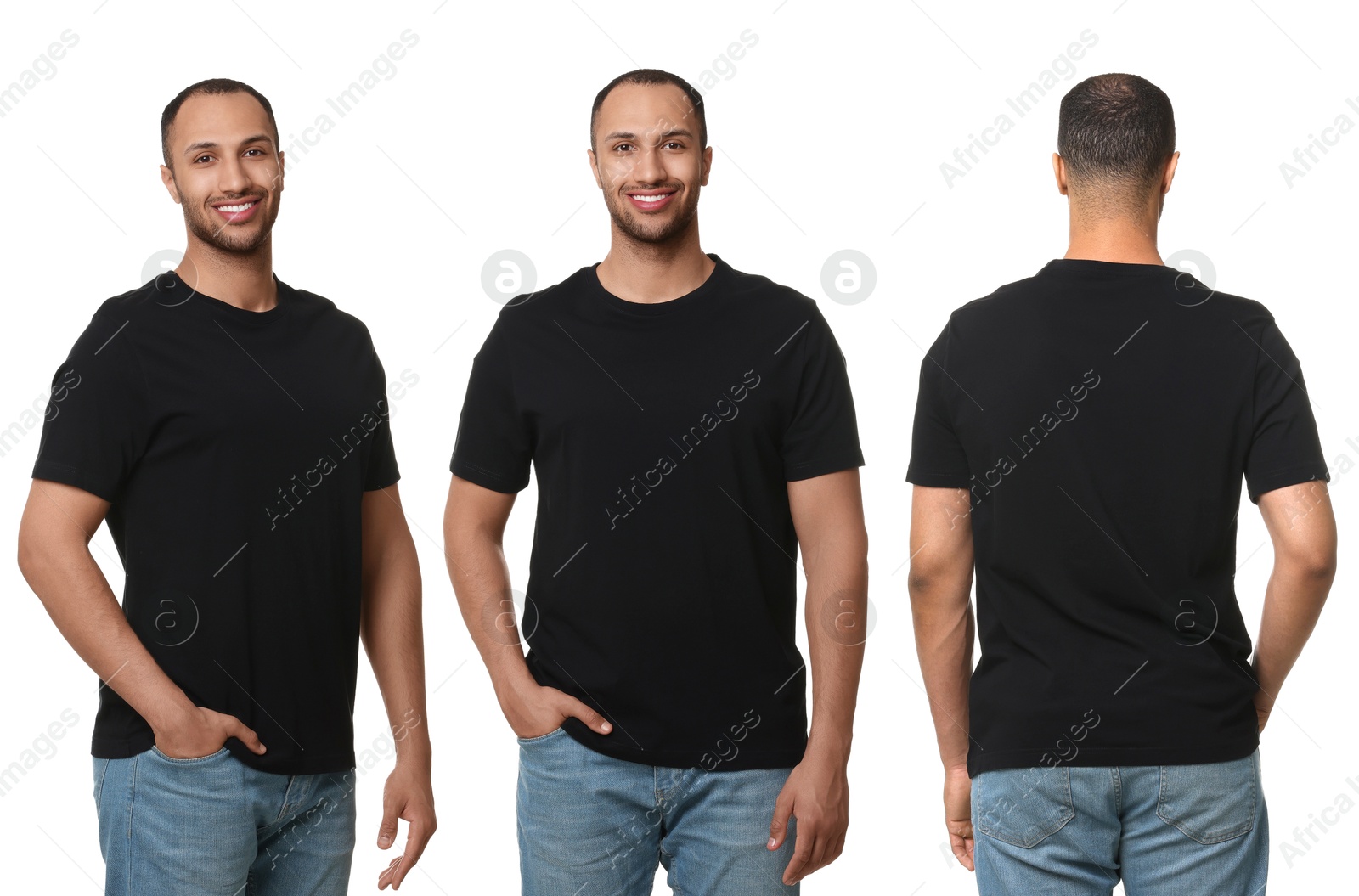 Image of Handsome man in black t-shirt on white background, collage of photos