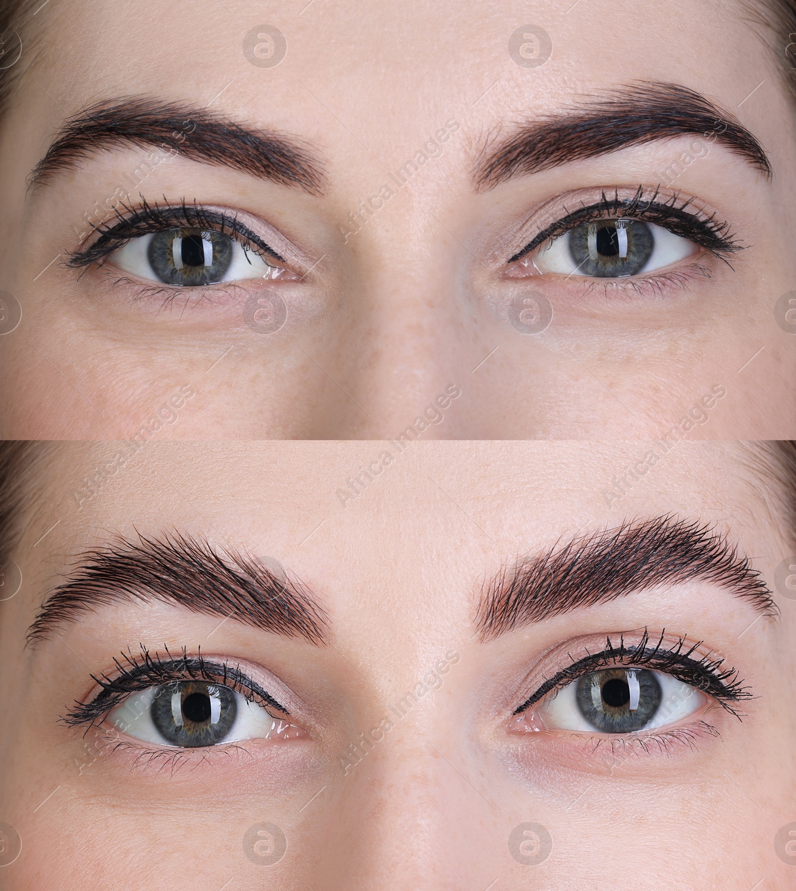 Image of Woman showing eyebrows before and after lamination procedure, closeup. Collage of photos