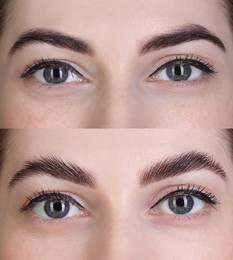 Image of Woman showing eyebrows before and after lamination procedure, closeup. Collage of photos