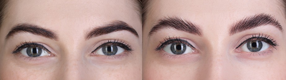 Woman showing eyebrows before and after lamination procedure, closeup. Collage of photos