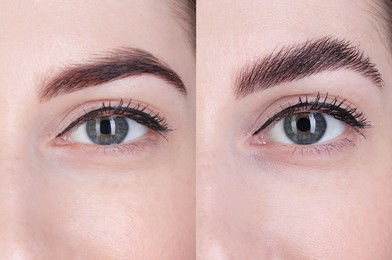 Woman showing eyebrows before and after lamination procedure, closeup. Collage of photos