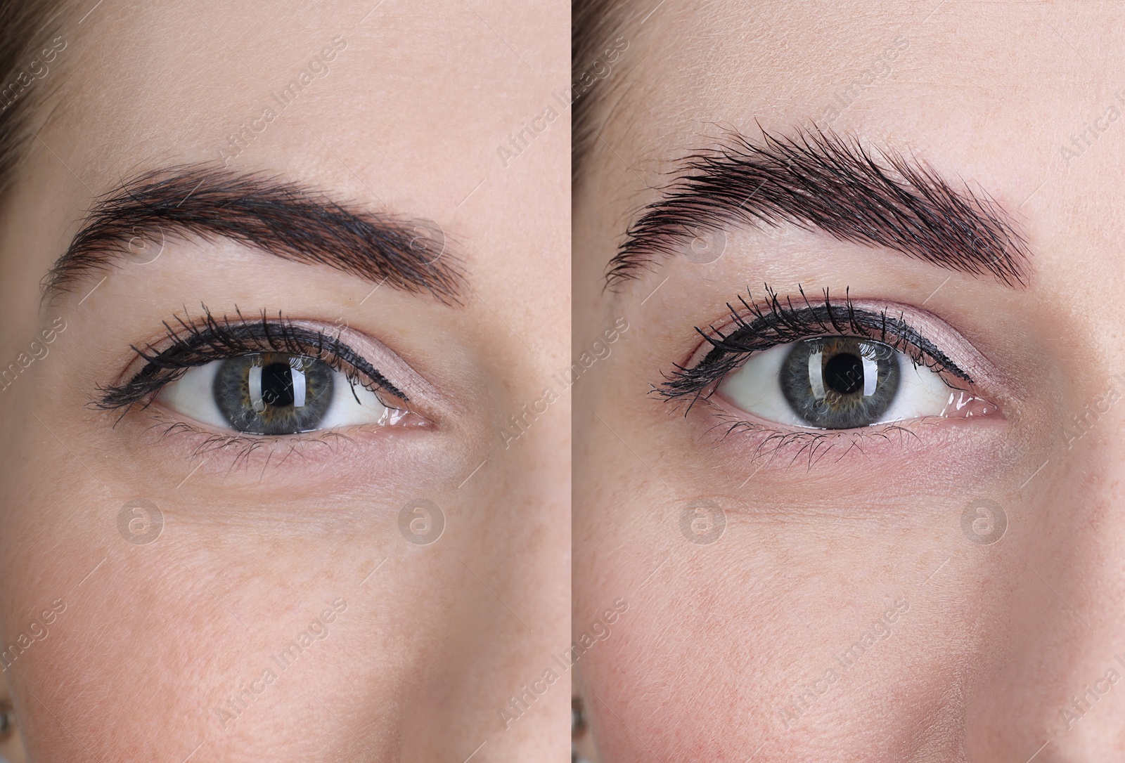 Image of Woman showing eyebrows before and after lamination procedure, closeup. Collage of photos