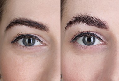 Woman showing eyebrows before and after lamination procedure, closeup. Collage of photos