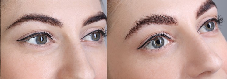 Woman showing eyebrows before and after lamination procedure, closeup. Collage of photos