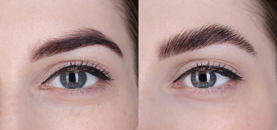 Woman showing eyebrows before and after lamination procedure, closeup. Collage of photos