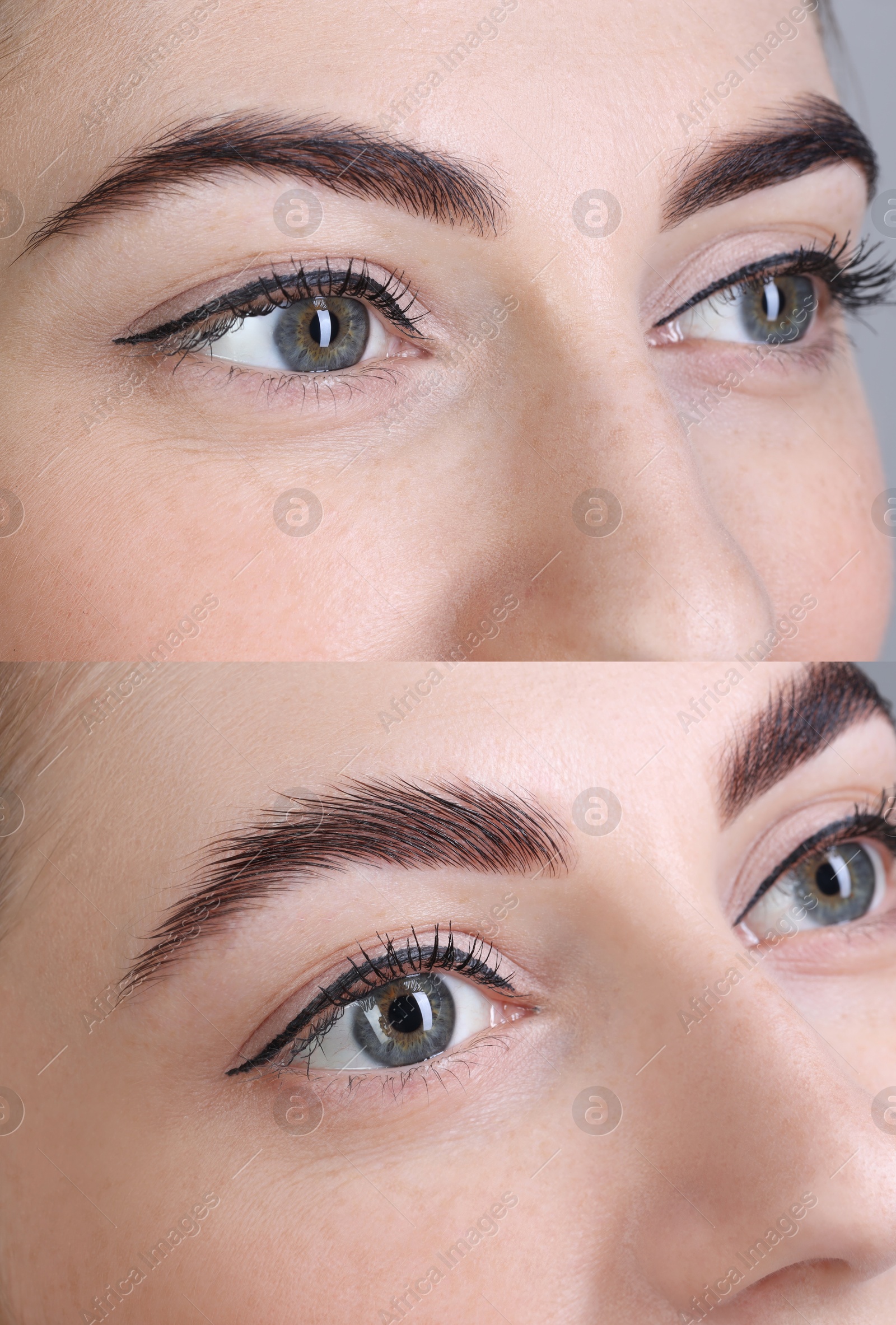 Image of Woman showing eyebrows before and after lamination procedure, closeup. Collage of photos