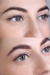 Woman showing eyebrows before and after lamination procedure, closeup. Collage of photos