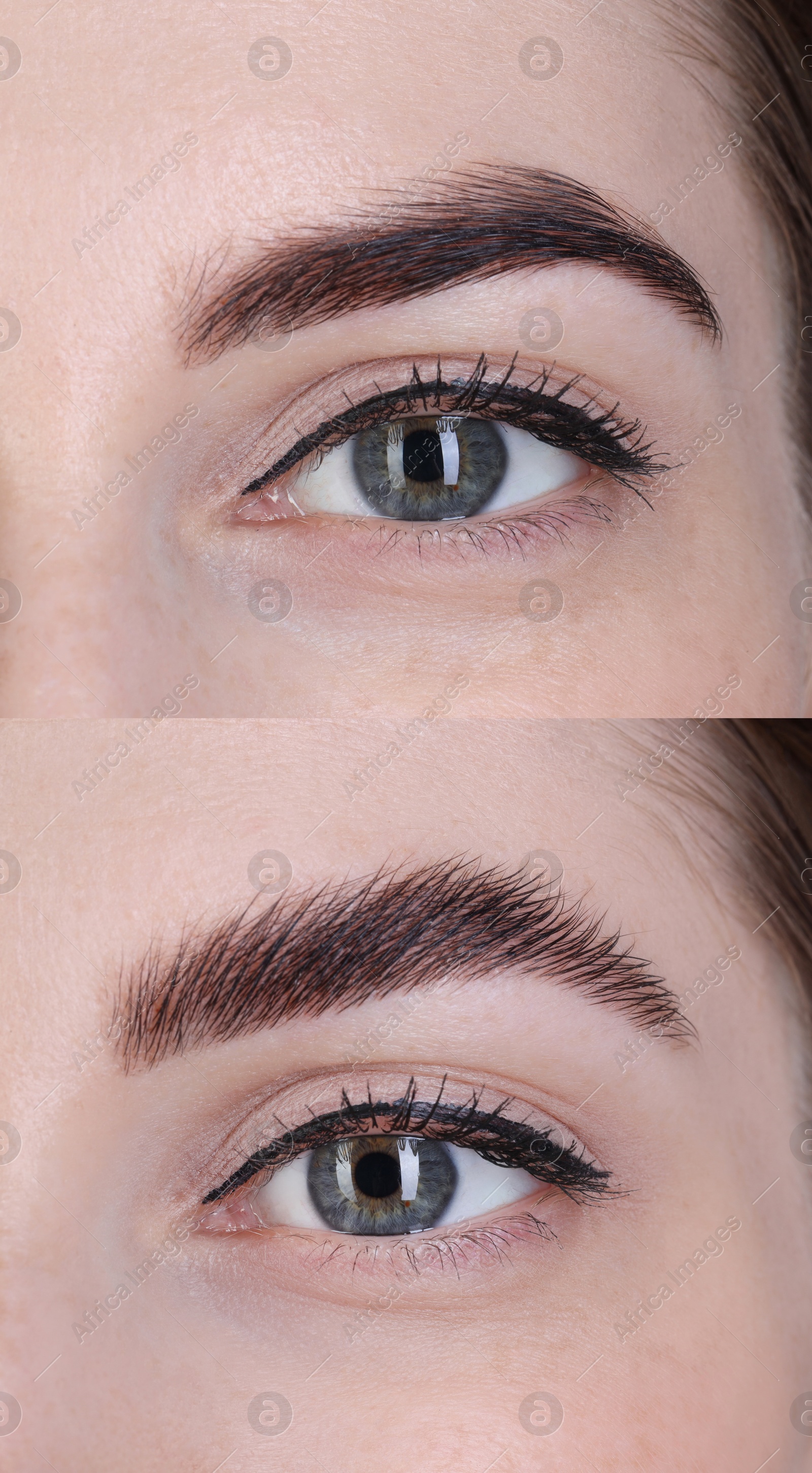 Image of Woman showing eyebrows before and after lamination procedure, closeup. Collage of photos