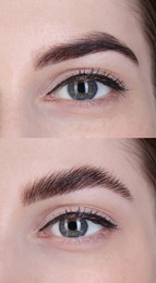 Woman showing eyebrows before and after lamination procedure, closeup. Collage of photos