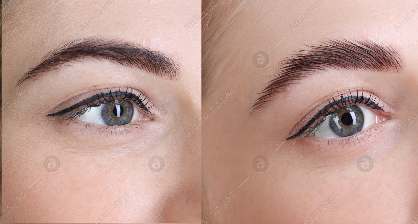 Image of Woman showing eyebrows before and after lamination procedure, closeup. Collage of photos