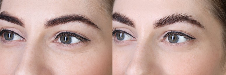 Image of Woman showing eyebrows before and after lamination procedure, closeup. Collage of photos