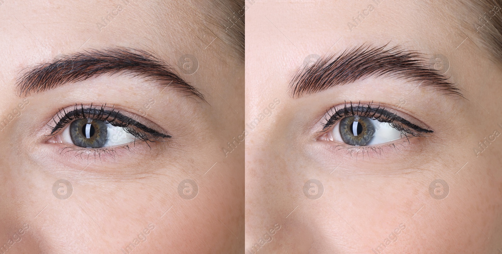 Image of Woman showing eyebrows before and after lamination procedure, closeup. Collage of photos