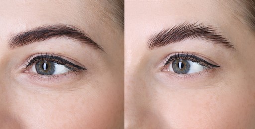 Woman showing eyebrows before and after lamination procedure, closeup. Collage of photos