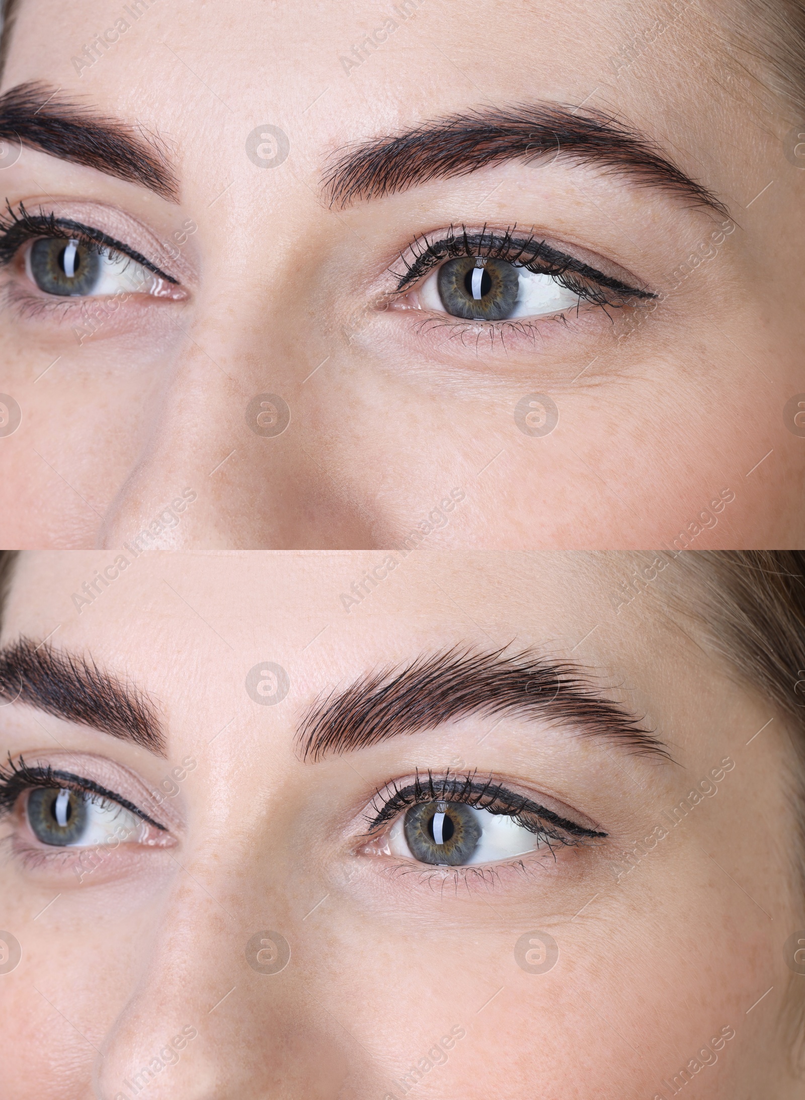 Image of Woman showing eyebrows before and after lamination procedure, closeup. Collage of photos