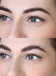 Woman showing eyebrows before and after lamination procedure, closeup. Collage of photos