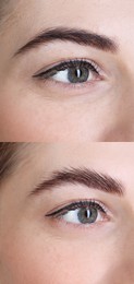 Woman showing eyebrows before and after lamination procedure, closeup. Collage of photos