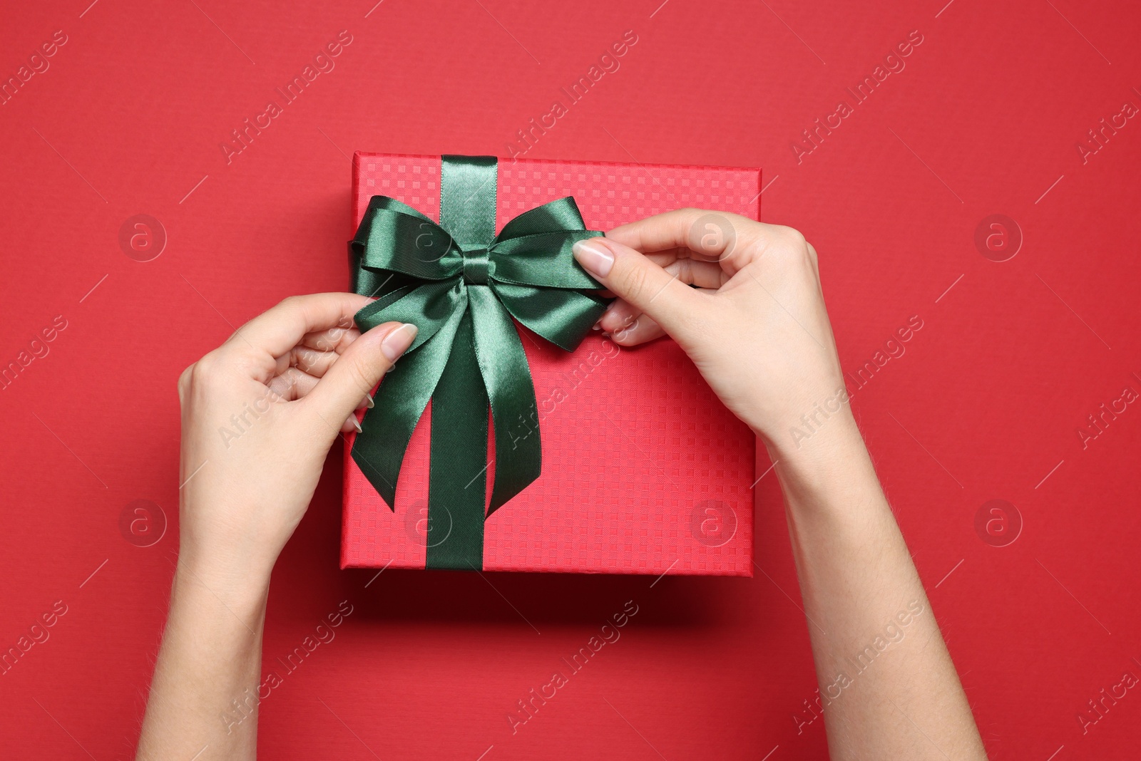 Photo of Woman decorating gift box with bow on red background, top view