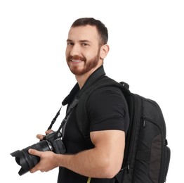 Photographer with backpack and camera on white background