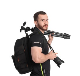 Photographer with backpack, tripod and camera on white background