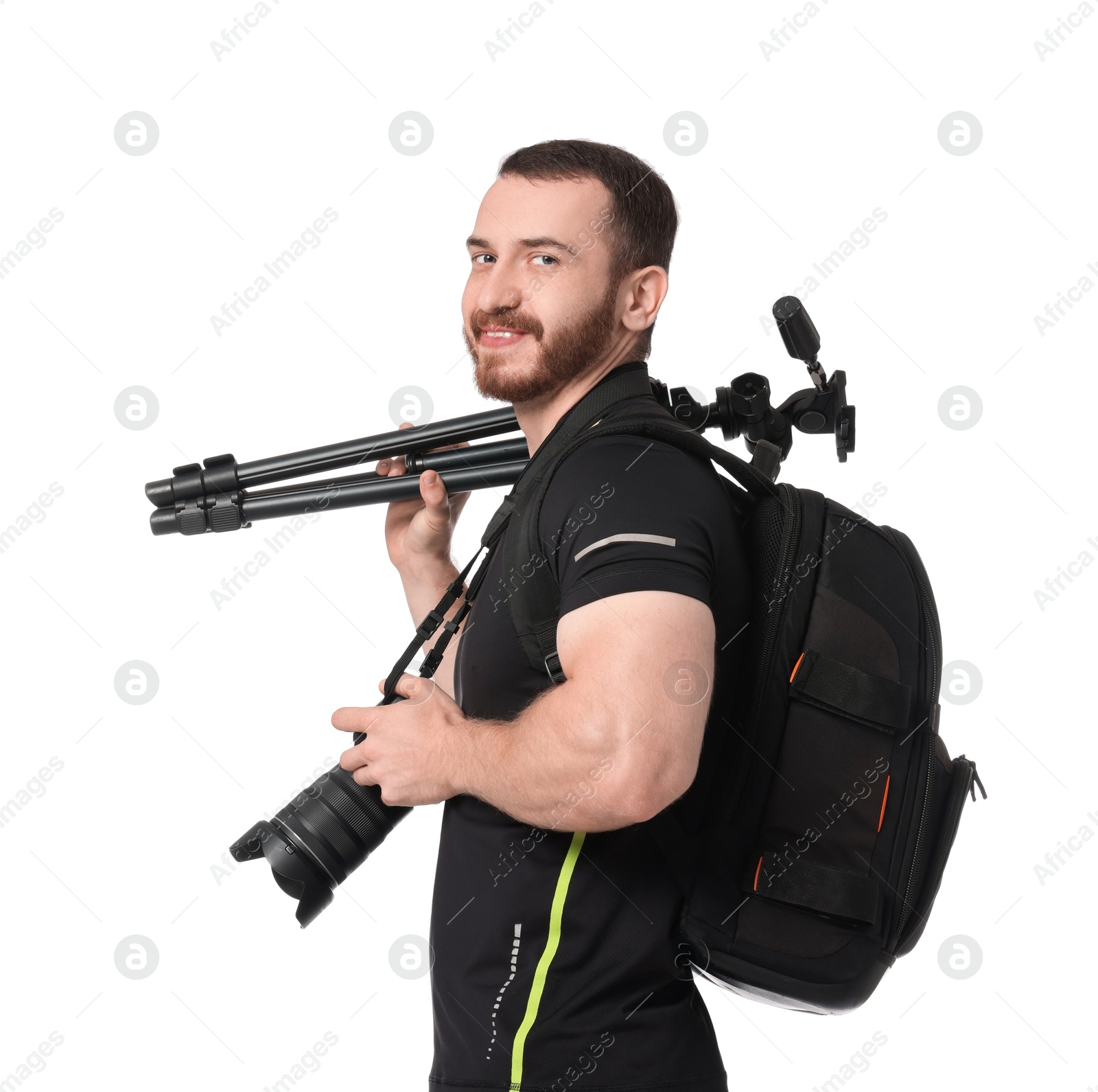 Photo of Photographer with backpack, tripod and camera on white background