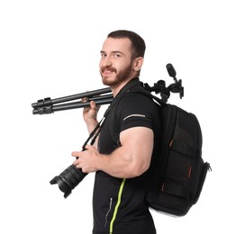 Photographer with backpack, tripod and camera on white background