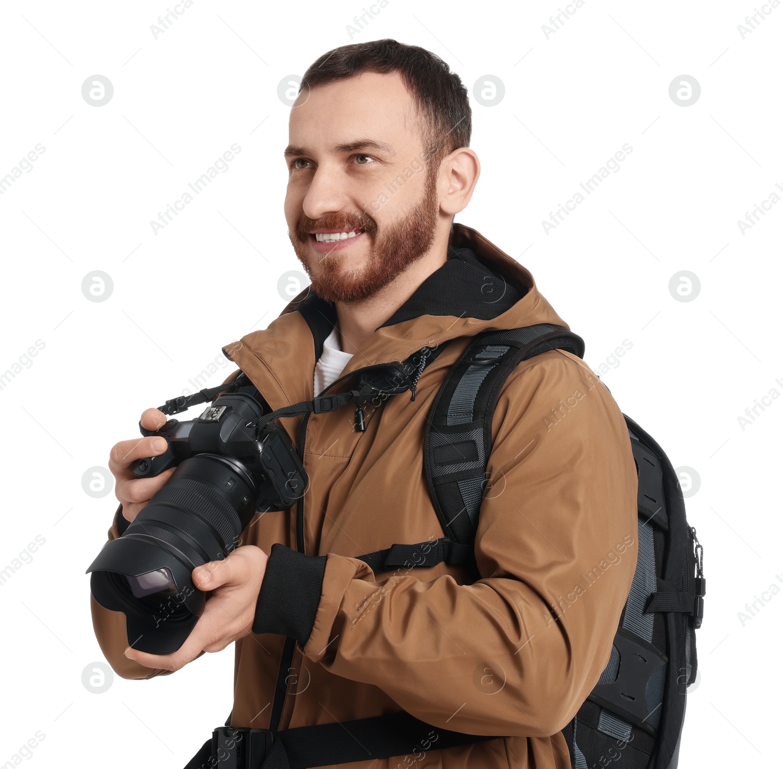 Photo of Photographer with backpack and camera on white background