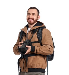 Photo of Photographer with backpack and camera on white background