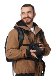 Photo of Photographer with backpack and camera on white background