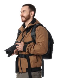 Photo of Photographer with backpack and camera on white background